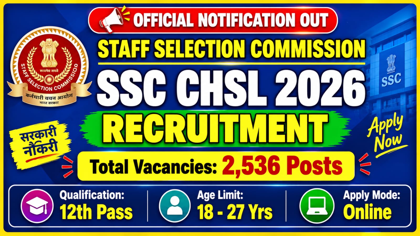 You are currently viewing SSC CHSL Recruitment 2026 Notification Out for 2,536 Posts, Apply Online Form