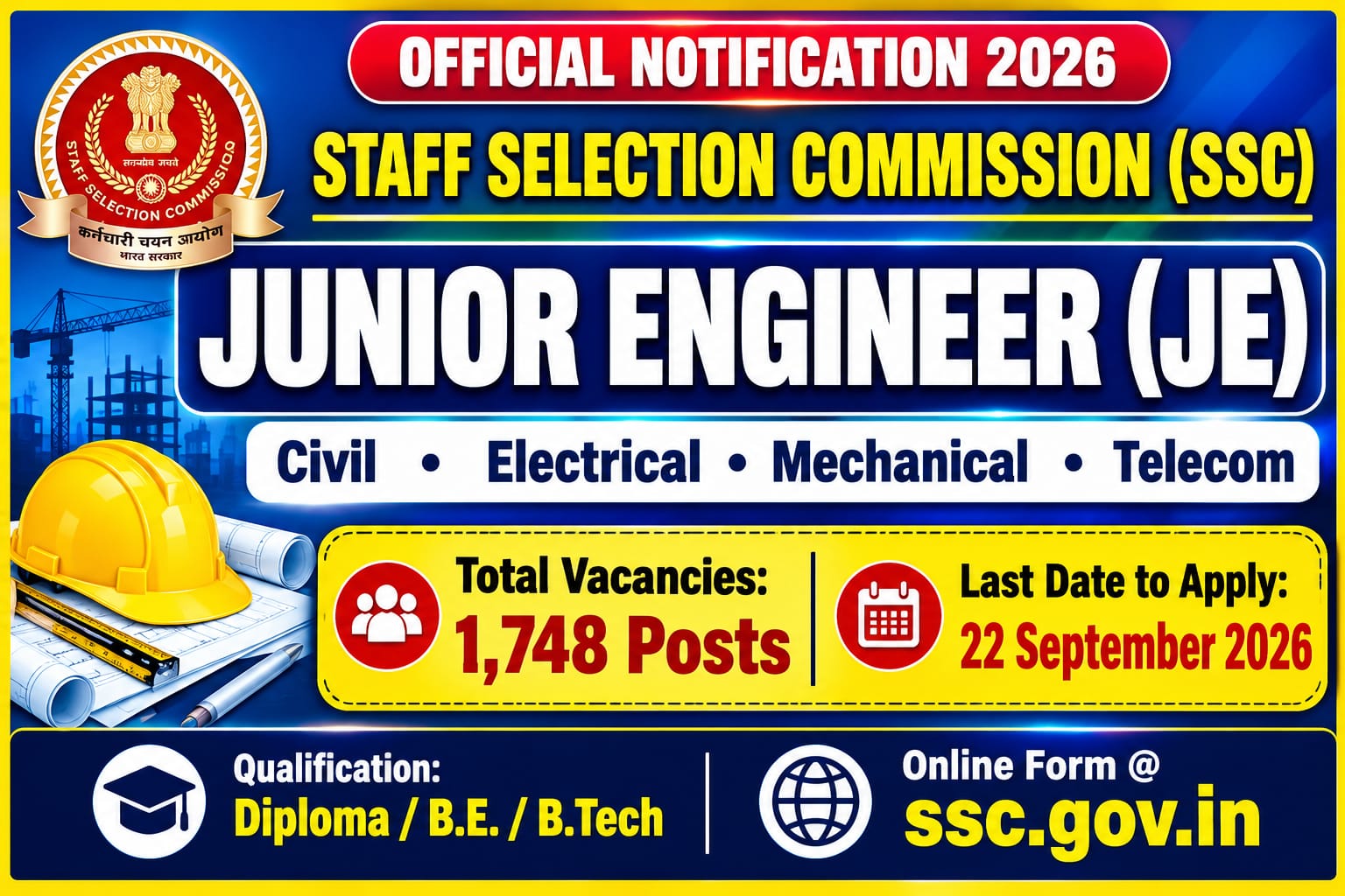 You are currently viewing SSC JE Recruitment 2026 Online Form: 1,748 Junior Engineer Posts Notification, Eligibility & Exam Pattern