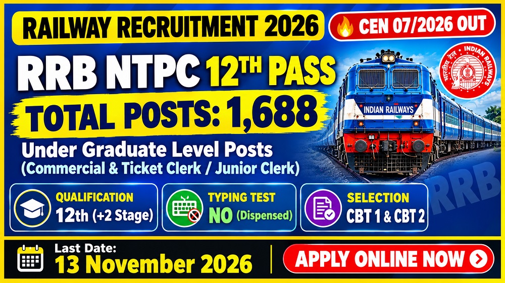 You are currently viewing Railway RRB NTPC 12th Pass Recruitment 2026 Out: Apply Online for 1,688 Posts (CEN 07/2026)